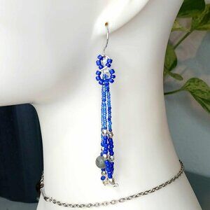 Boho Labradorite Beaded Fringe Tassel Dangle Earrings, Handmade Artisan 4"